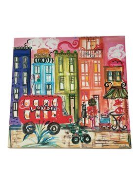 2 Fun Whimsical Colourful Prints 20" x 20" London Bus New York Brownstones Taxi